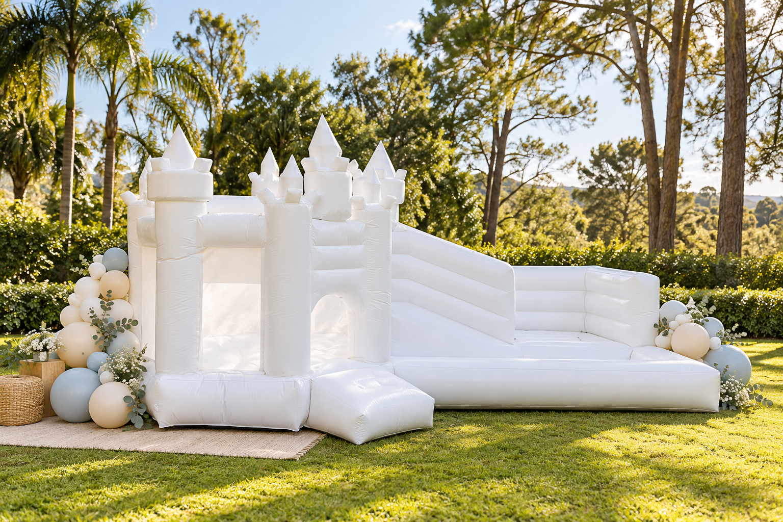 Castelo inflável branco em um jardim ensolarado, decorado com arranjos de balões em tons creme e azul-claro e pequenas flores brancas.